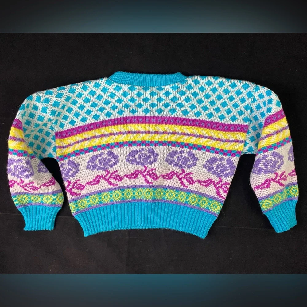 VINTAGE Rainbow Connection Sweater Girls Toddler 3T Purple Roses Blue Yellow 80s - Picture 5 of 6